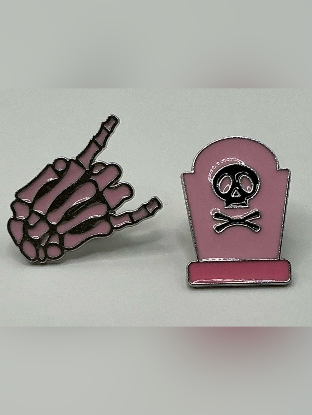 PINK SKELETON HAND AND SKELETON TOMBSTONE ENAMEL LAPEL PIN SET NWOT